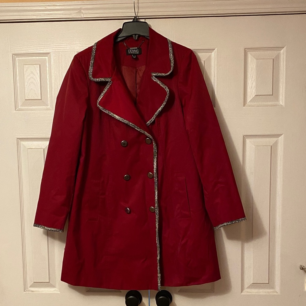 Dennis Basso Crimson Trench Coat with Metallic Trim